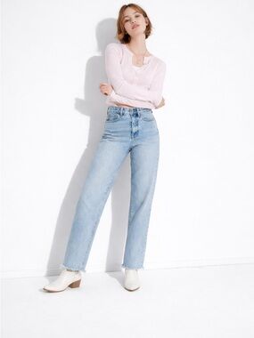 Light Wash Jeans Raw Hem Cuffed Relaxed Fit High Rise Denim